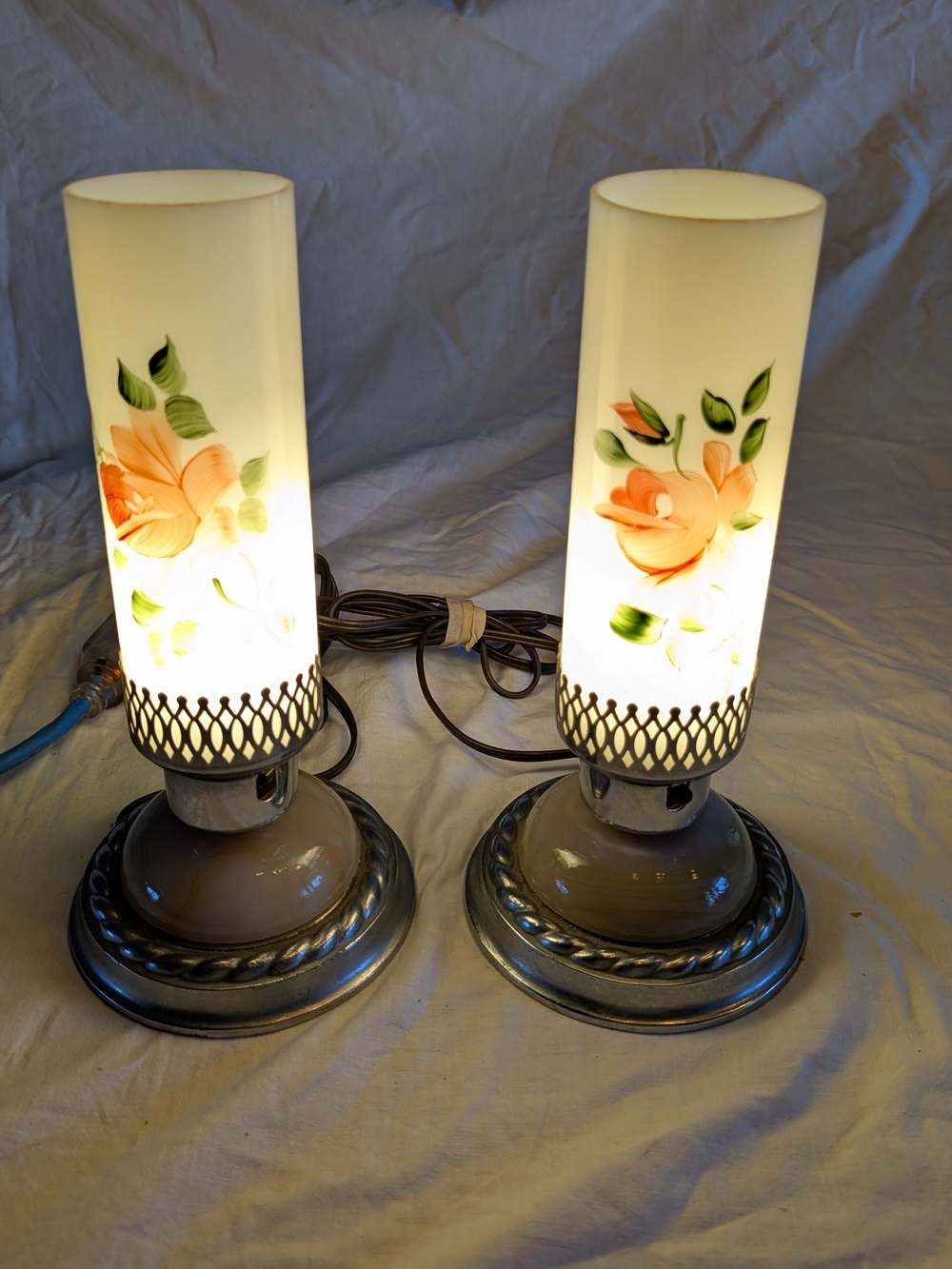 Vintage Floral Glass Table Lamp Pair with marble Base